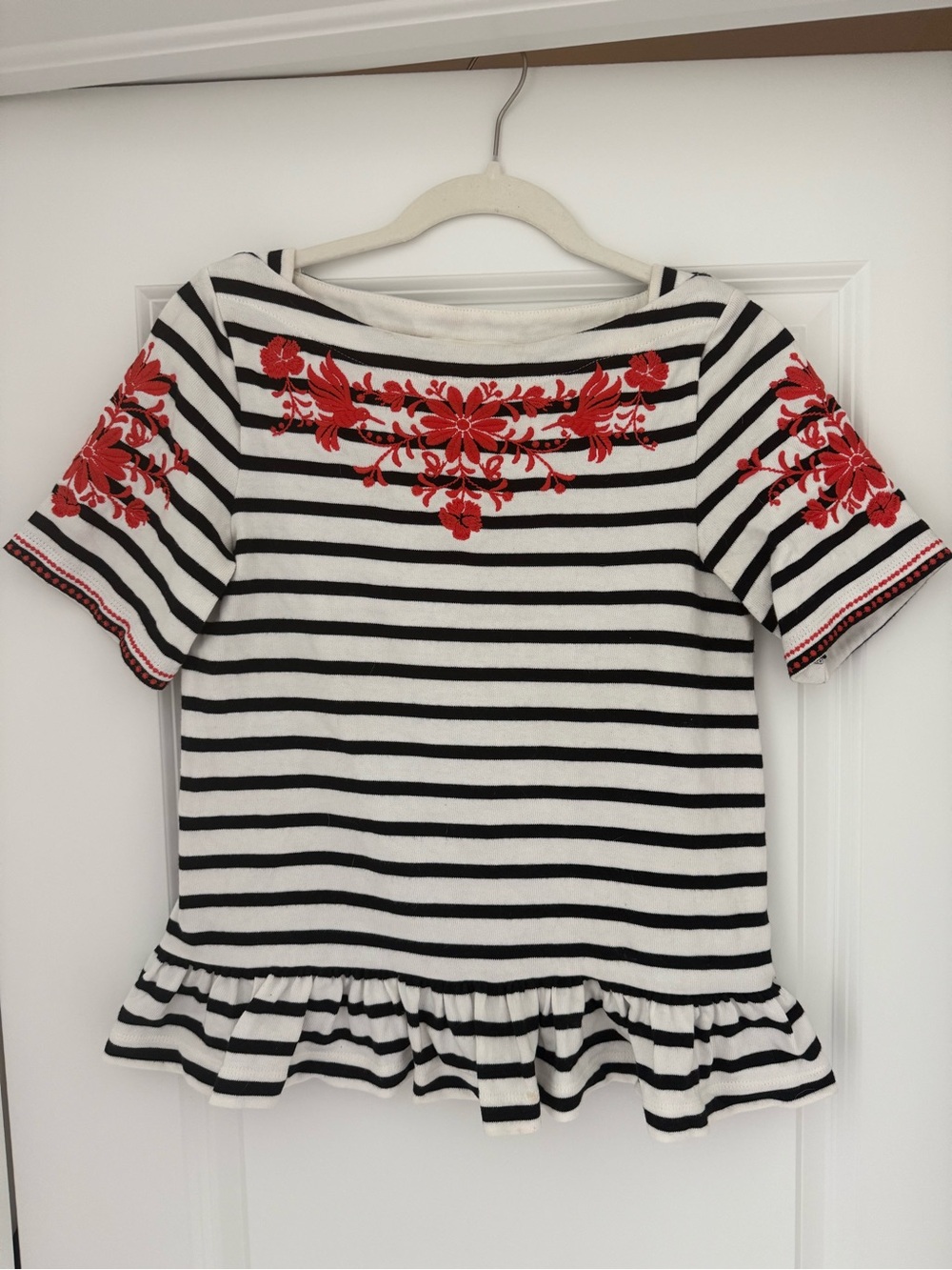 Kate Spade Ruffle-Hem Top with Red Floral Embroidery